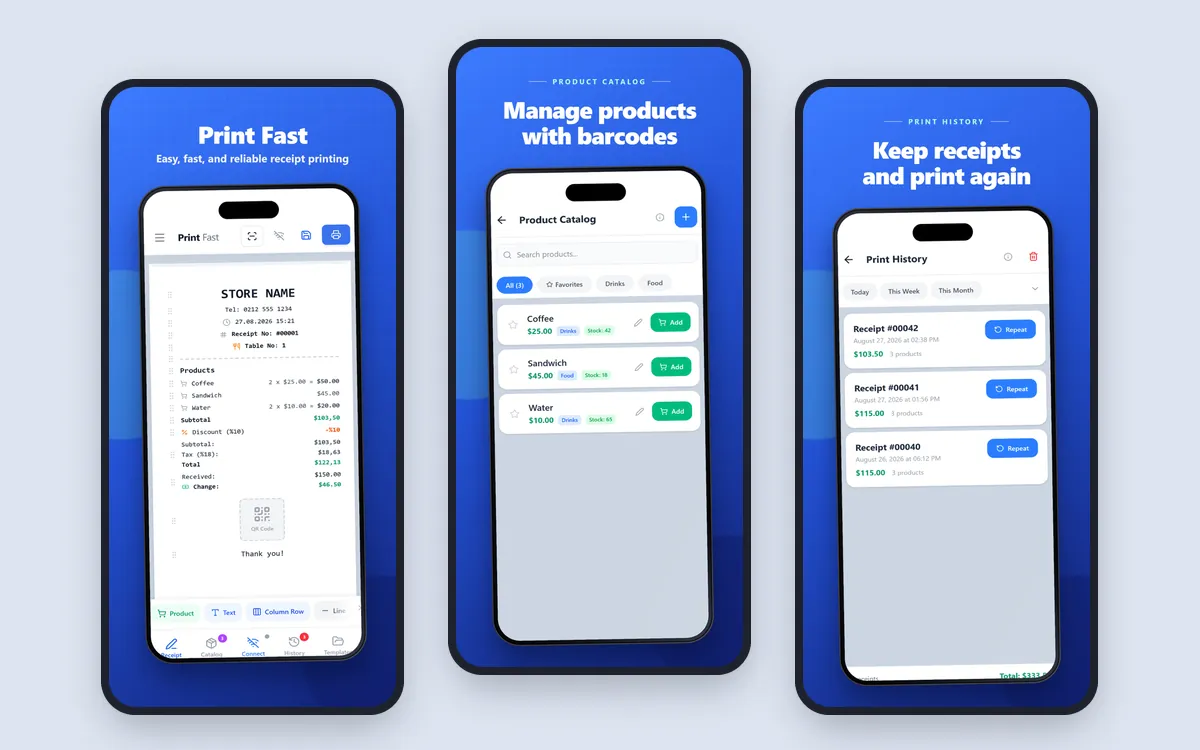 Print Fast’ten fiş, katalog ve geçmiş ekranları