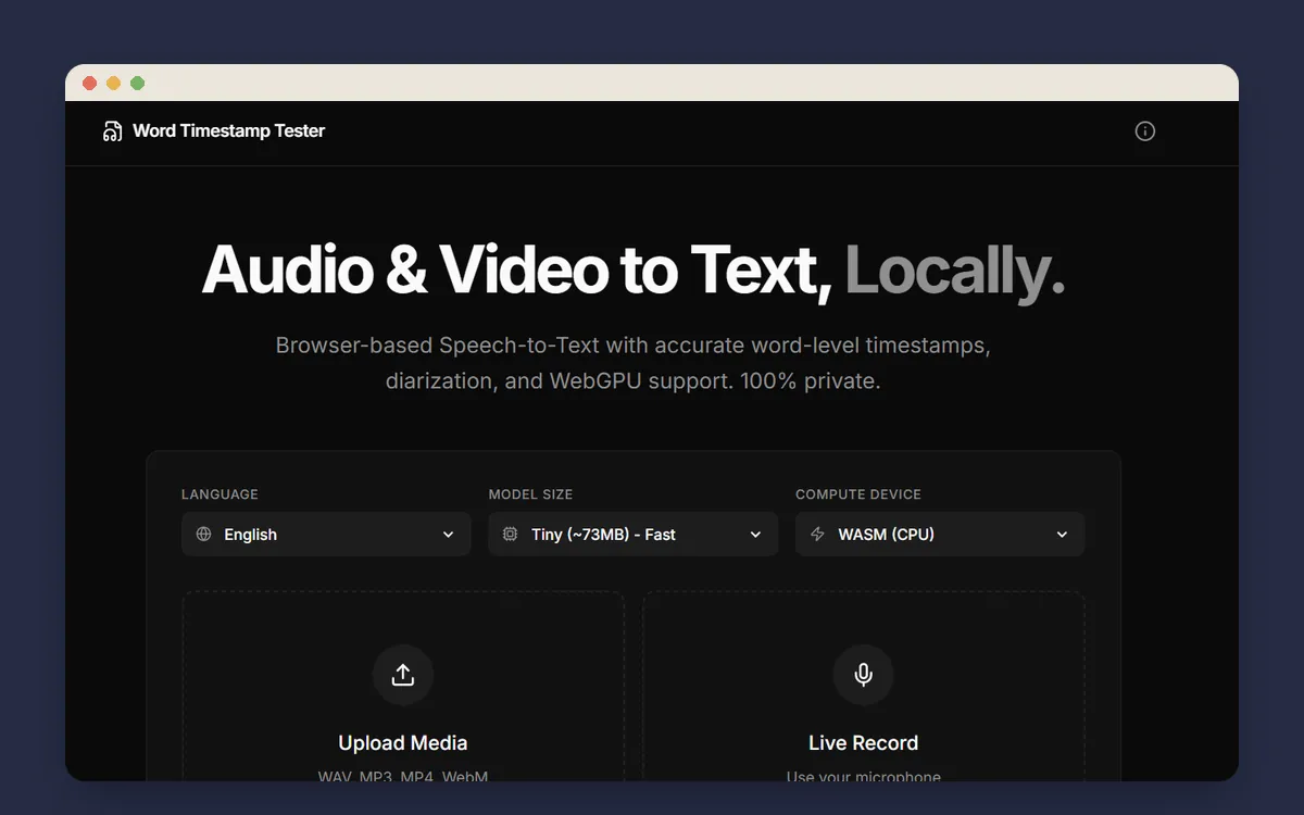 Whisper Web Scribe dosya yükleme ekranı
